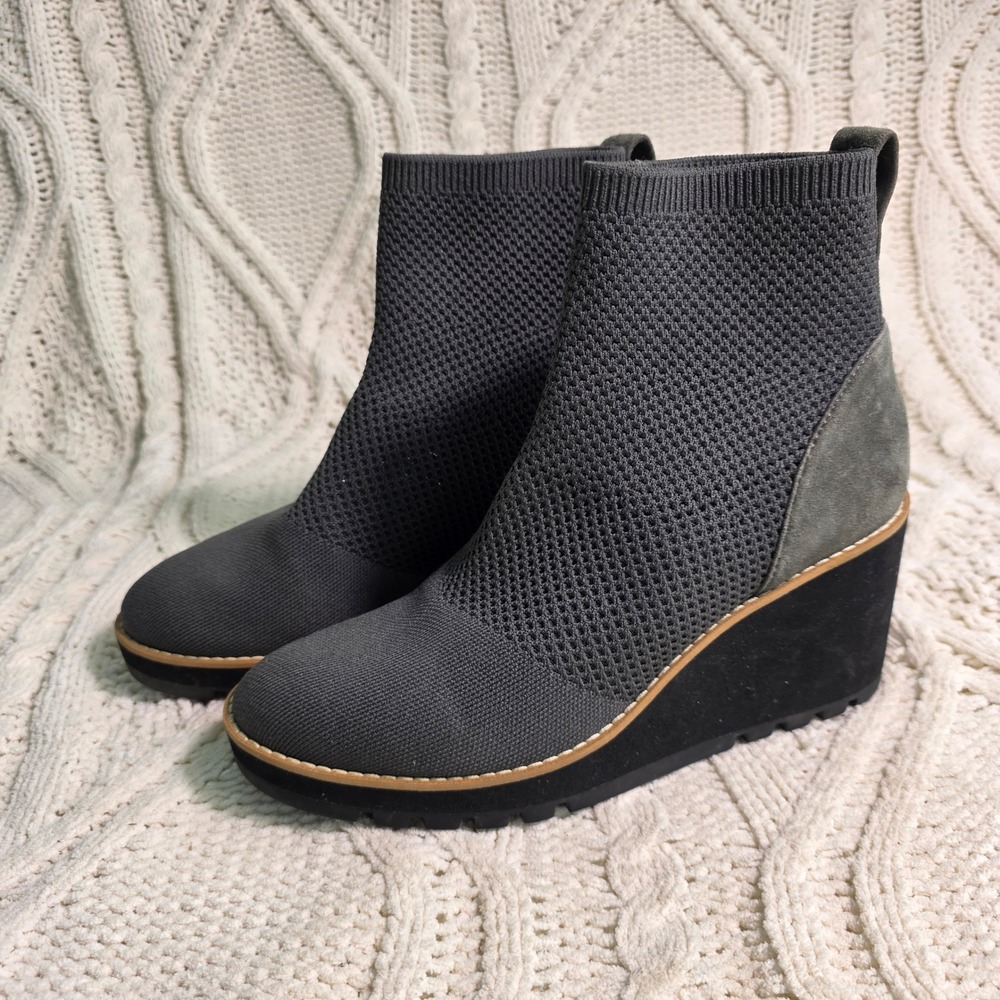 Eileen Fisher Wedge Ankle Boots London Recycled Gray Knit Suede Womens 8.5